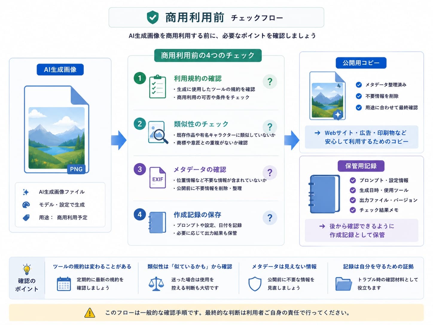 AI生成画像を商用利用する前に規約、類似性、メタデータ、記録保存を確認する流れ