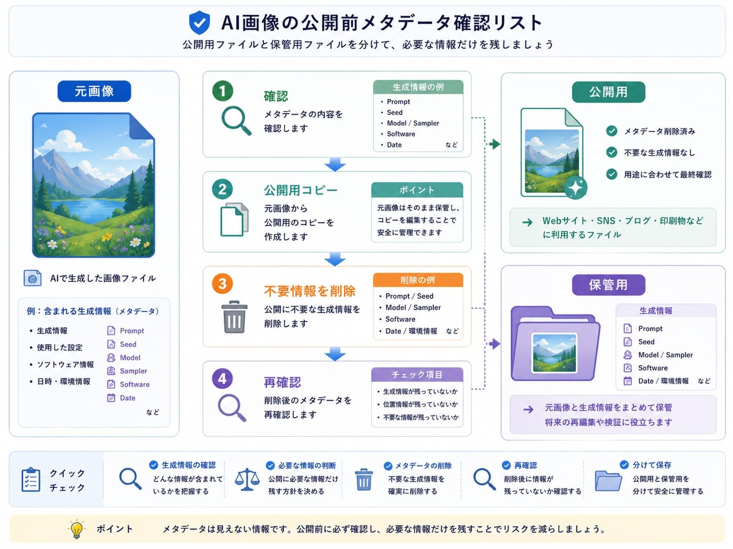 AI画像の公開用ファイルと保管用ファイルを分け、メタデータを確認してから公開する流れ