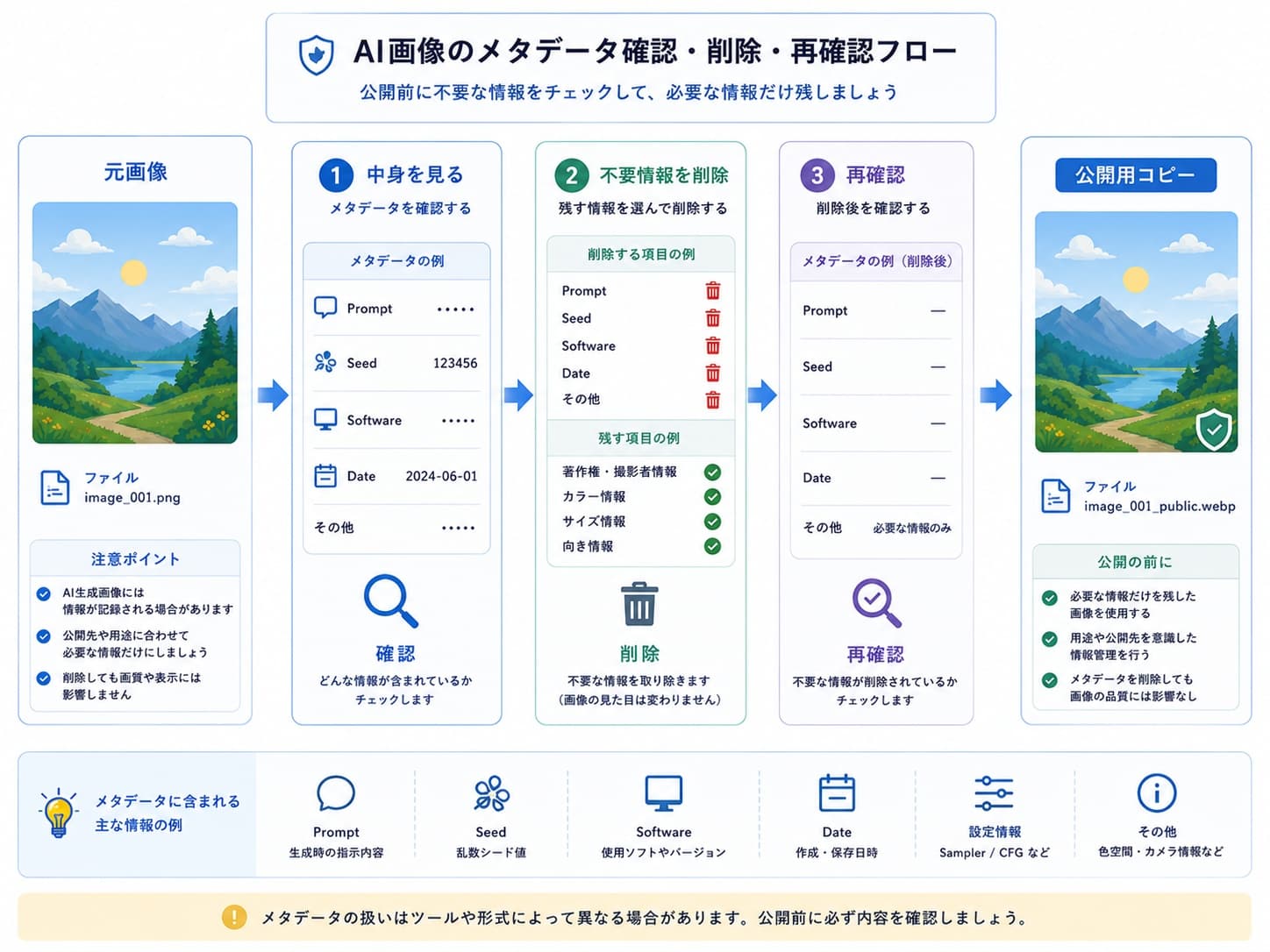 AI画像のメタデータを確認して不要な情報を削除し再確認する流れ