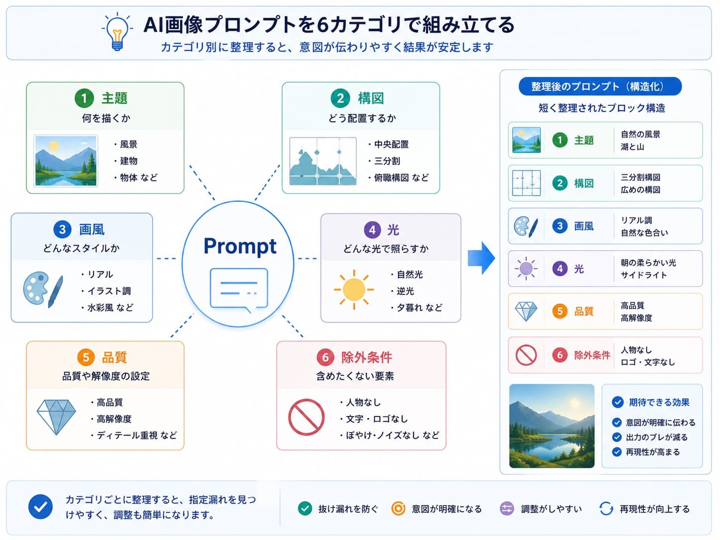 AI画像プロンプトを主題、構図、画風、光、品質、除外条件に分けて組み立てる流れ