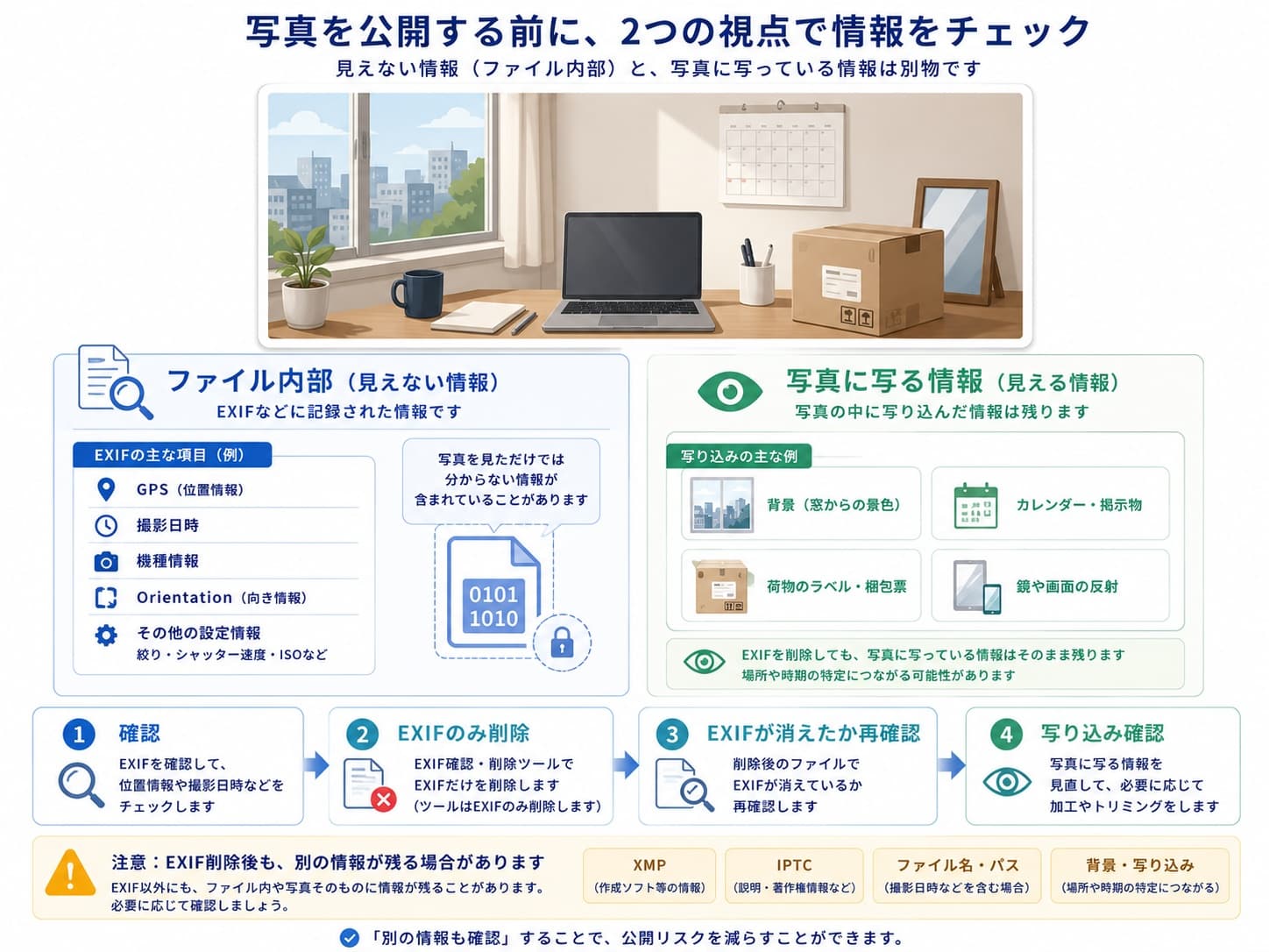写真に埋め込まれたEXIF情報と背景の写り込みを分けて確認する図