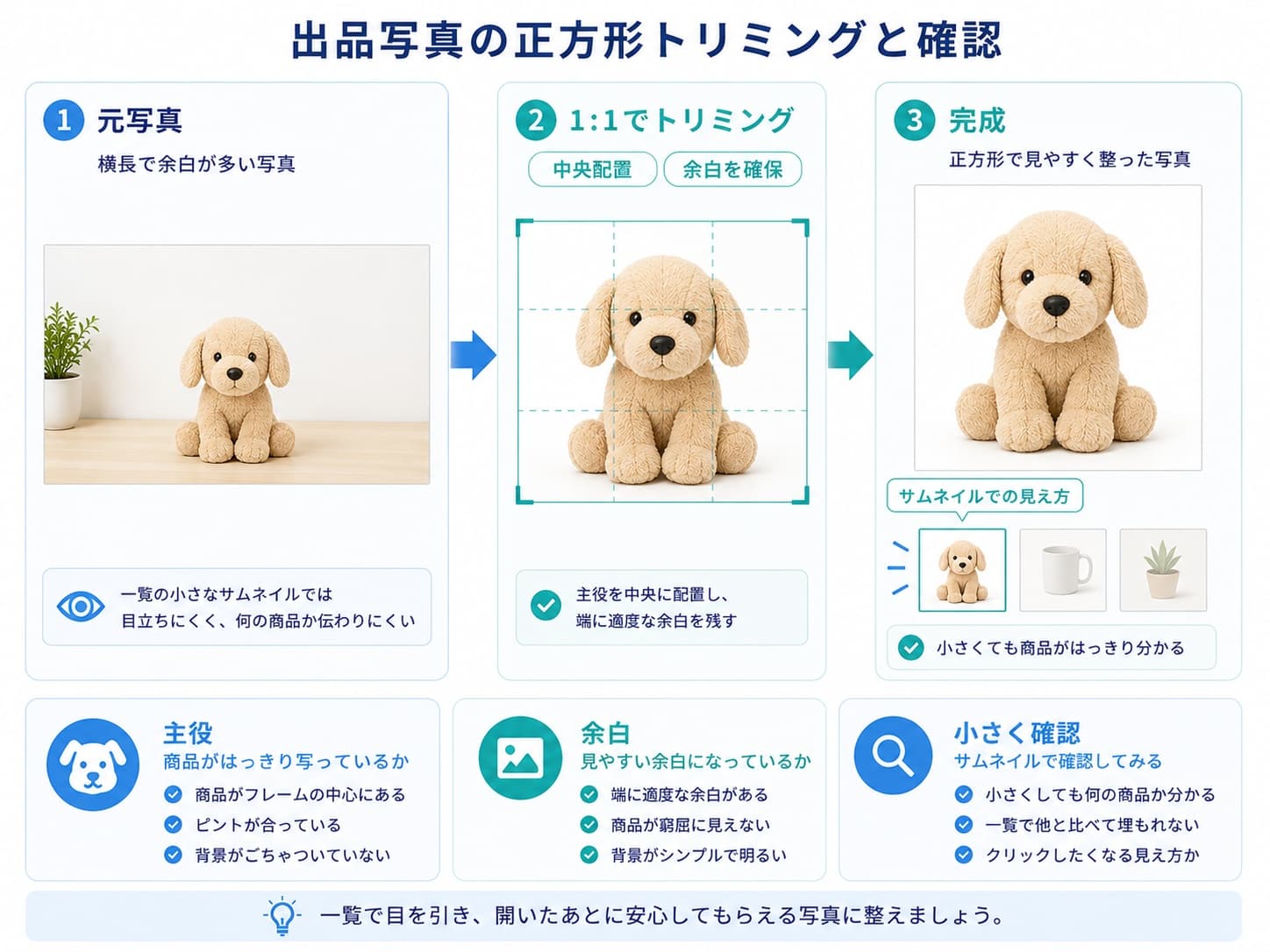 横長の商品写真を正方形に整えてサムネイル表示を確認する流れ