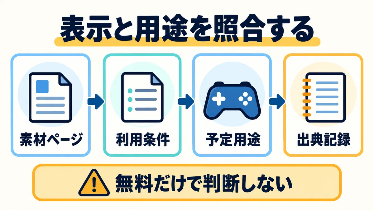 素材の個別ページからライセンスと予定用途を照合し、出典を記録する流れ
