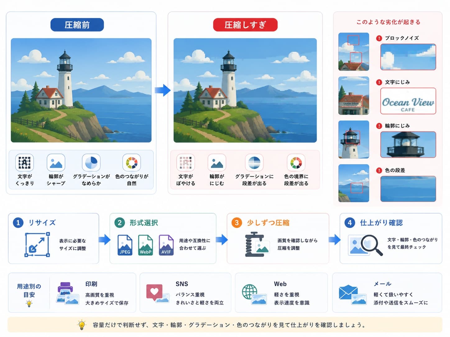 画像圧縮でブロックノイズや文字のにじみを確認するチェックポイント