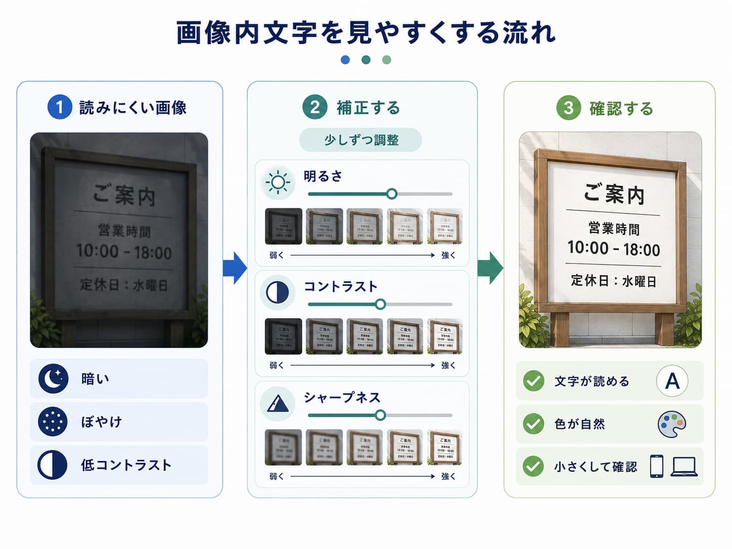 画像内の文字が読みにくいときに、暗さ、ぼやけ、低コントラストを確認し、明るさ、コントラスト、シャープネスを少しずつ補正する流れ