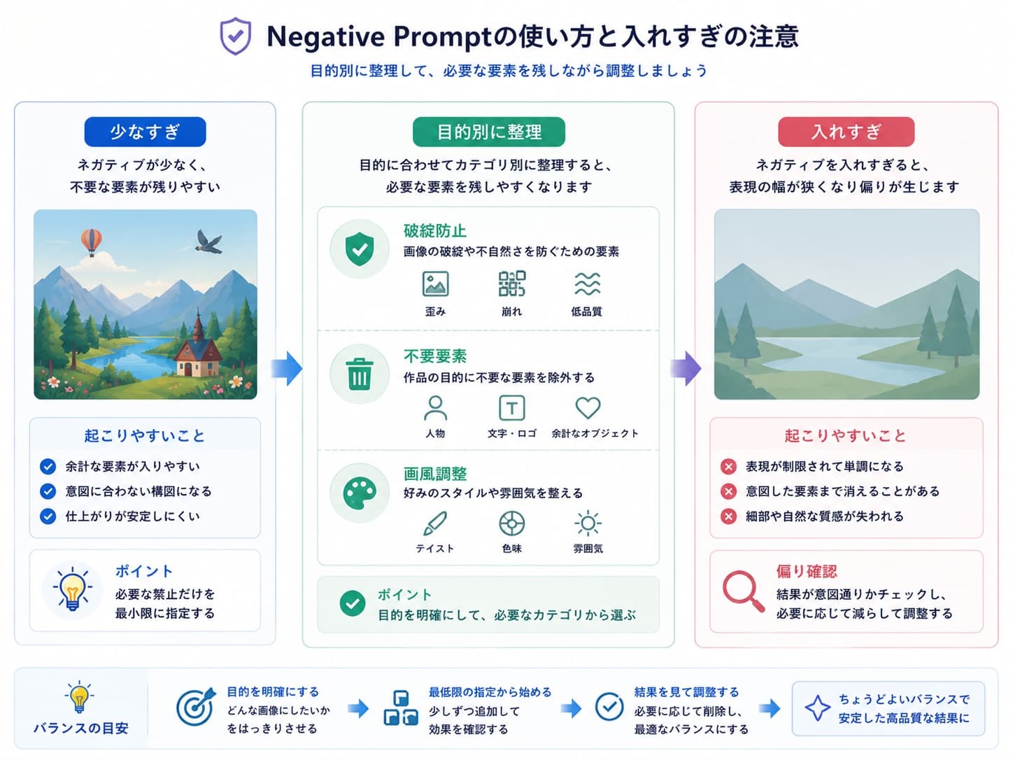 Negative Promptを少なすぎず入れすぎず、目的別に整理して調整する考え方