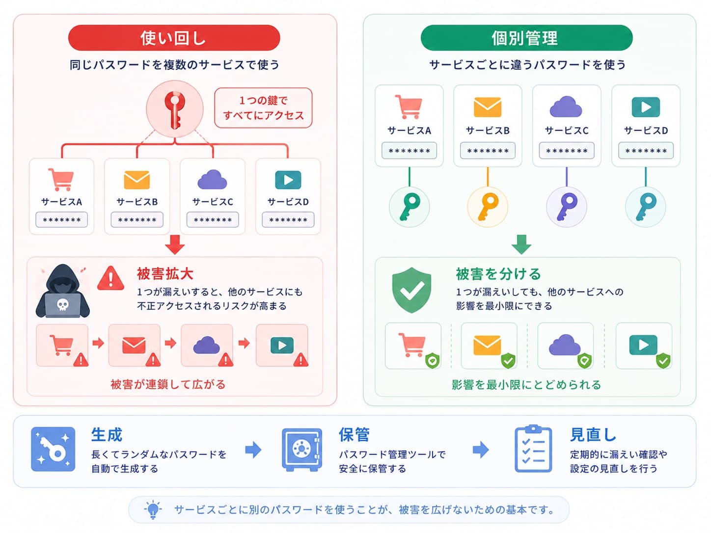 パスワードを使い回した場合の被害拡大と、個別管理で被害を分ける考え方