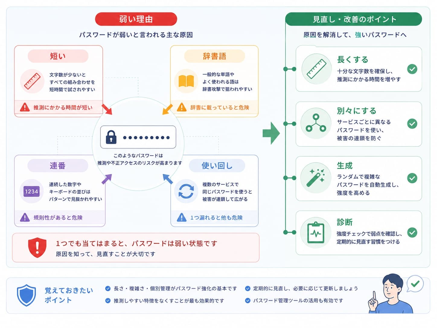 弱いパスワードの原因を短さ、辞書語、連番、使い回しに分けて確認する図