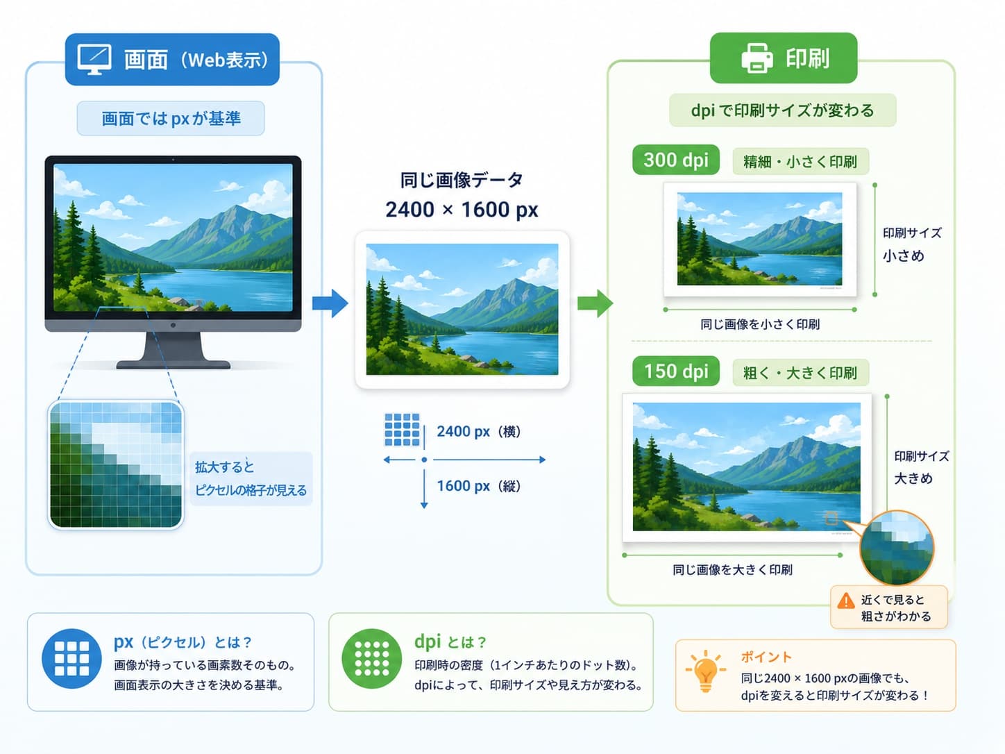 同じピクセル数でもdpiによって印刷サイズが変わる仕組み