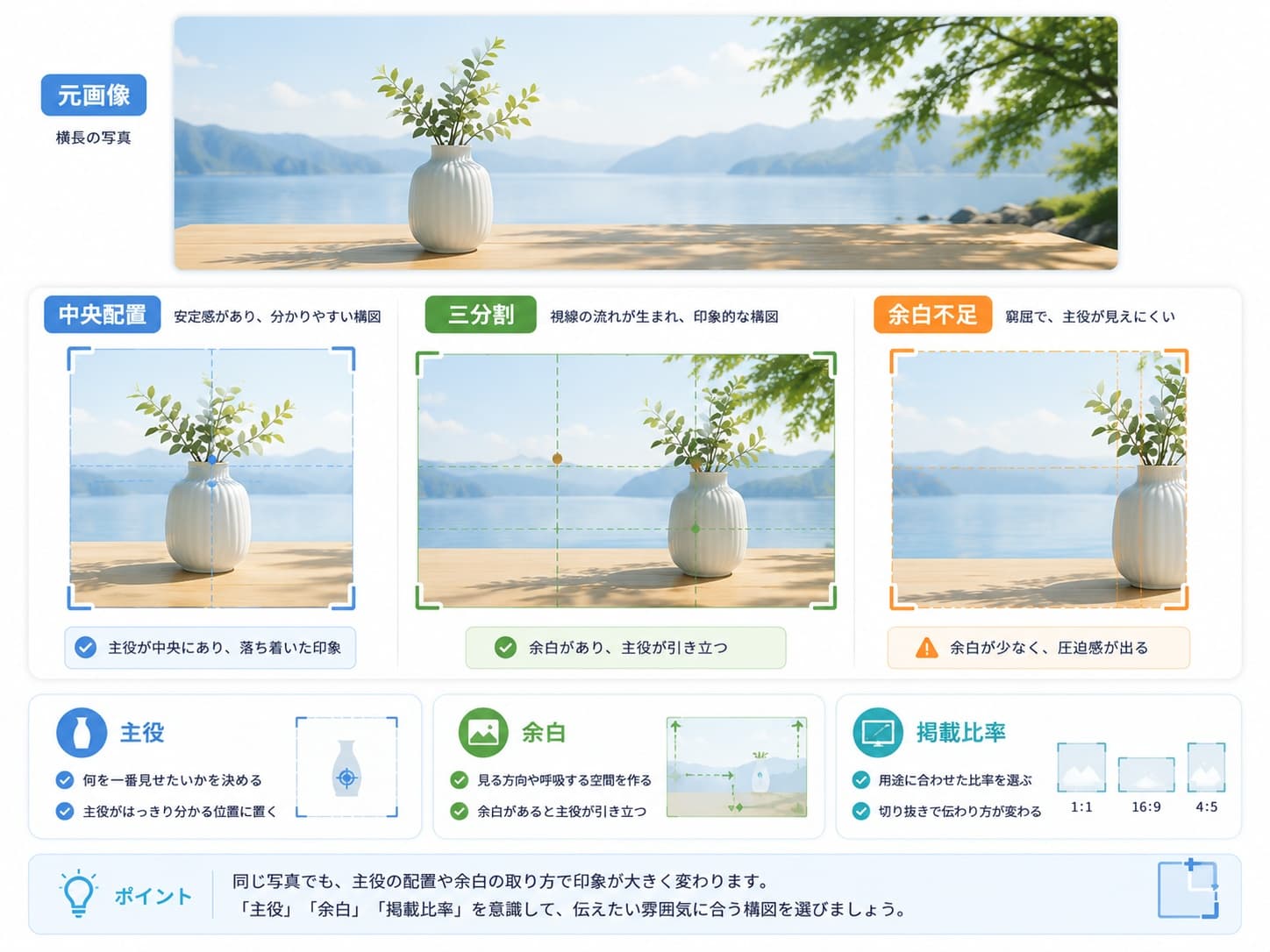 中央配置と三分割法によるトリミング構図の比較