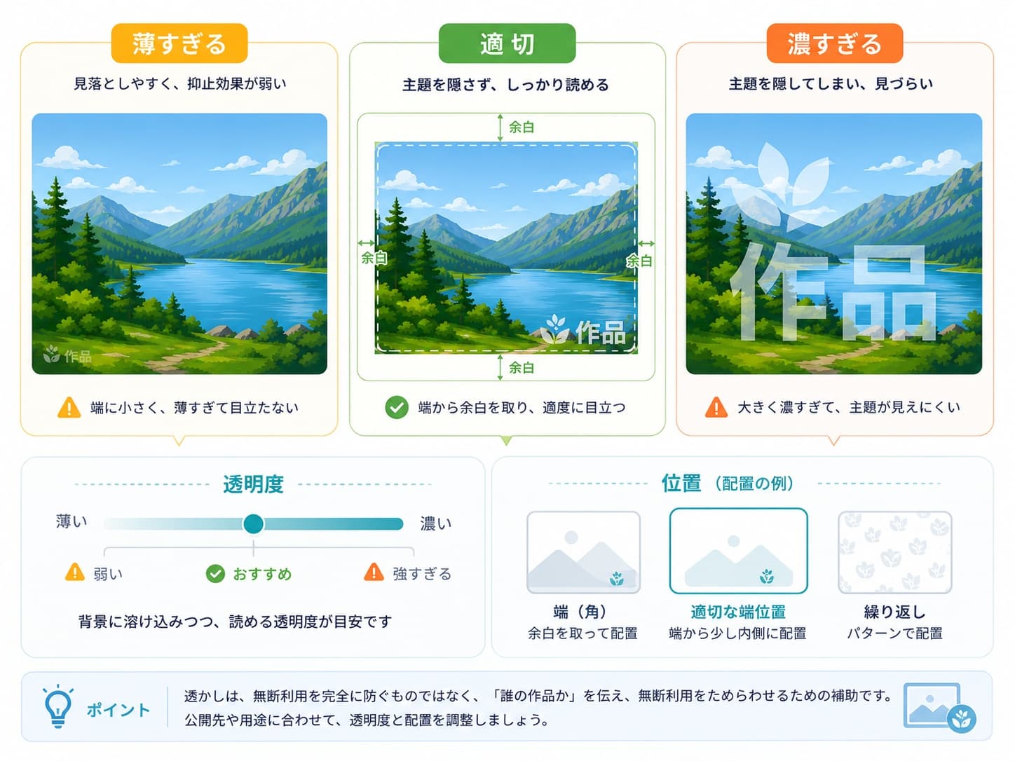 画像の用途別に透かしの位置と強さを比較した例