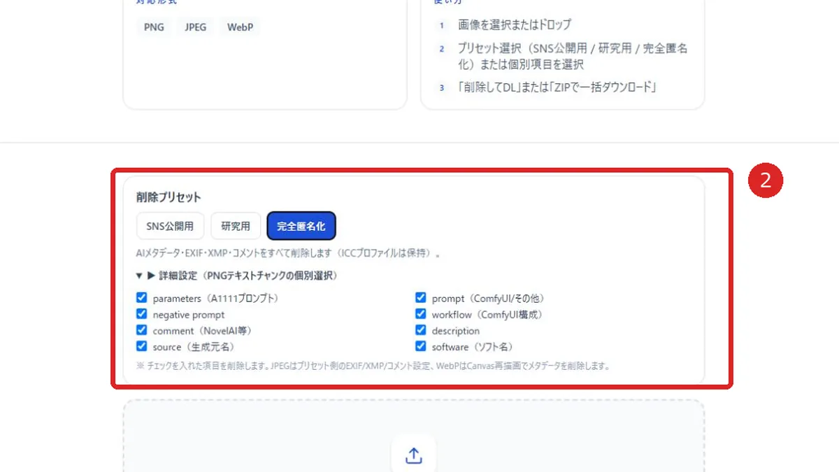 AI画像メタデータ管理ツールの完全匿名化プリセットとPNG個別設定を赤枠と番号2で示した画面