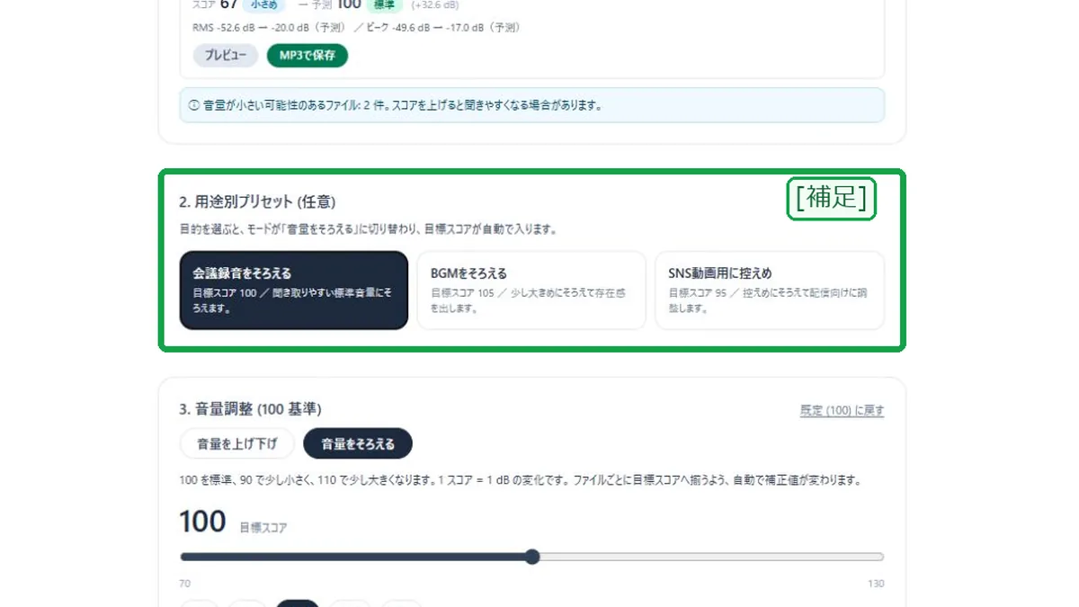 用途別プリセットを緑色の補足枠で示した音声音量調整画面