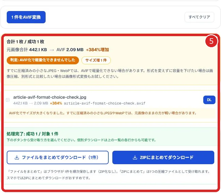 AVIF変換後の判定、個別結果、ダウンロード方法を赤枠と番号5で示した画面