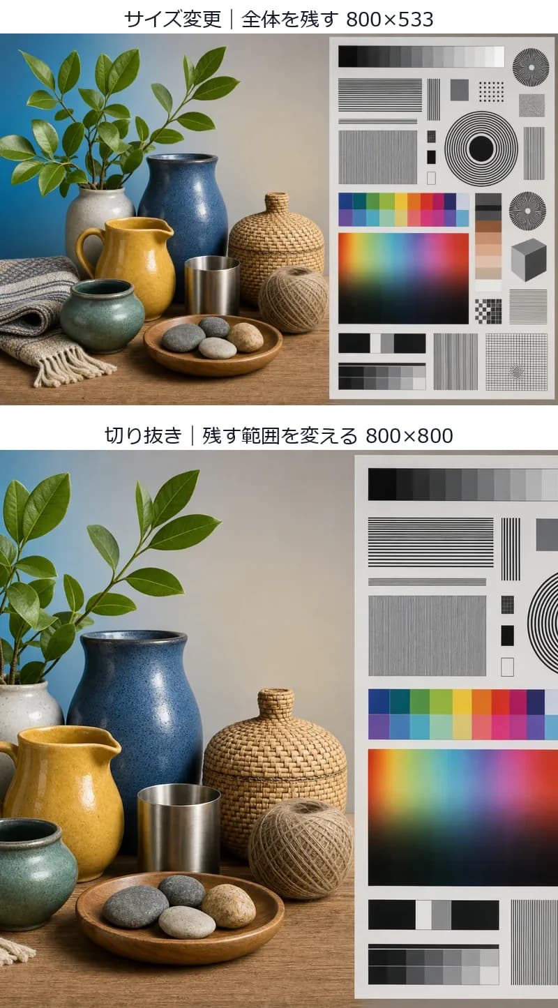 画像全体のサイズ変更と中央を正方形に切り抜いた結果の縦型比較