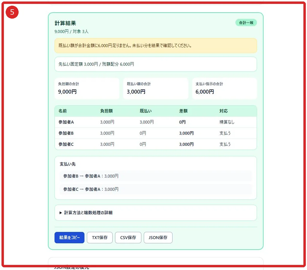 計算結果と出力を赤枠⑤で示した画面