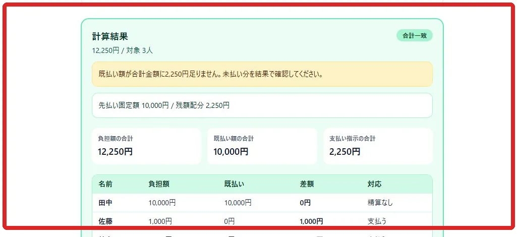 合計一致表示の確認