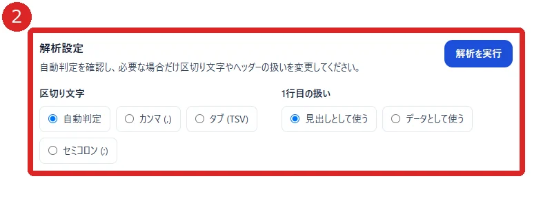 CSVグラフ作成ツールの解析設定を赤枠と番号2で示した画面