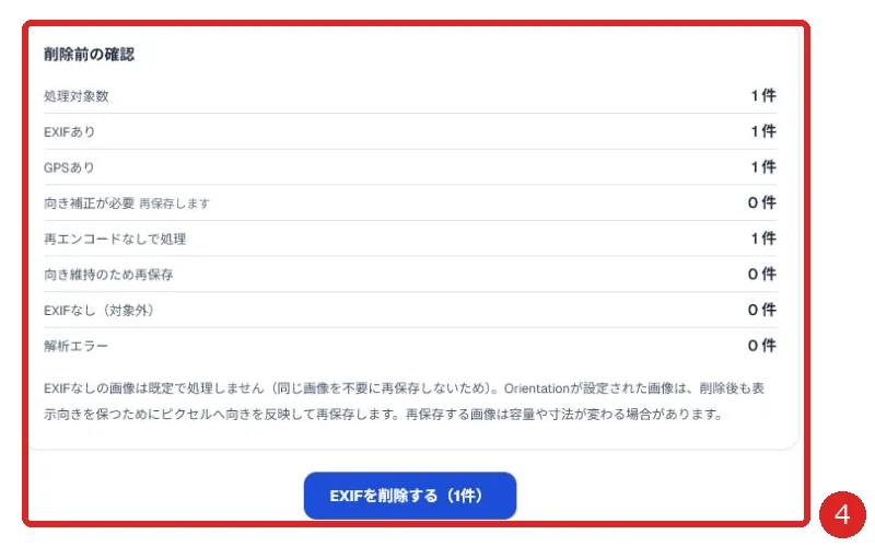 EXIF削除前の確認内容と実行ボタンを赤枠と番号4で示した画面