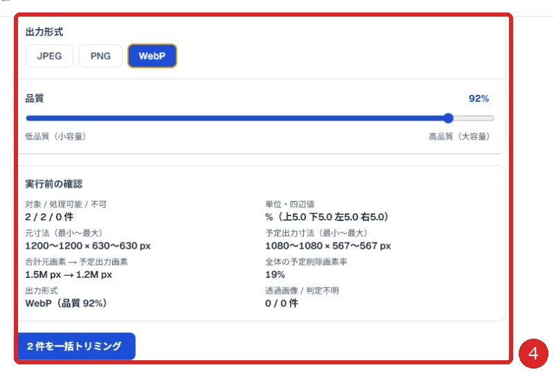 出力形式と実行前確認を赤枠と番号4で示した画面