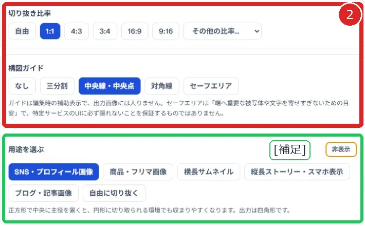 切り抜き比率と構図ガイドを番号2、任意の用途プリセットを緑枠と補足ラベルで示した画像トリミング画面
