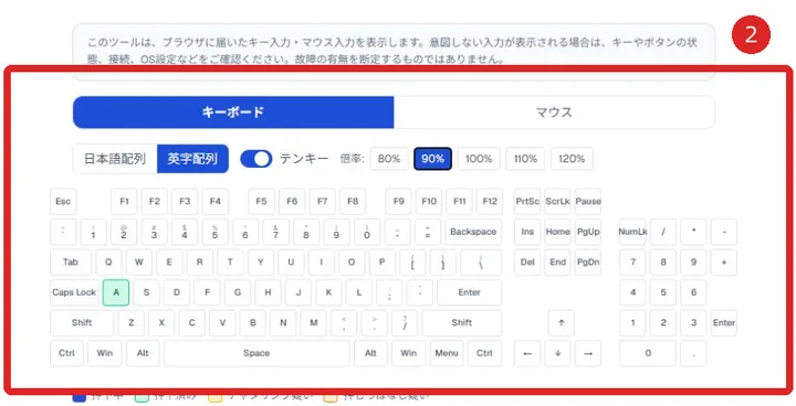英字配列と90パーセント倍率を選び、テンキーを表示したキーボード画面