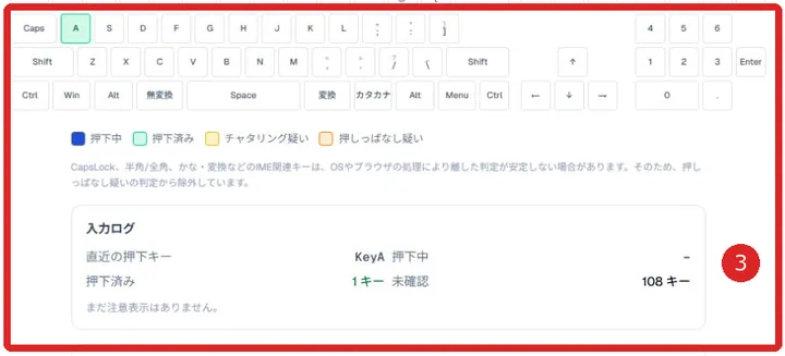 キーを押した後にAキーと入力ログの状態が変化した画面