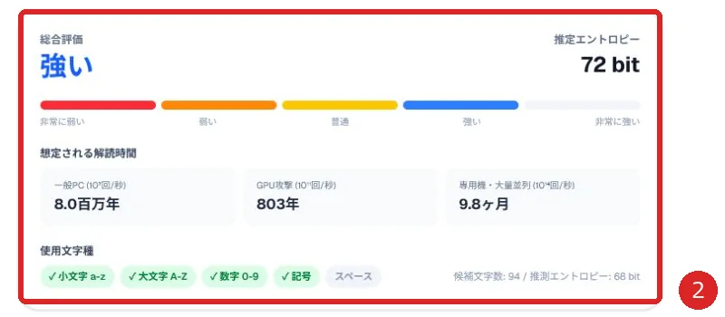 総合評価と推定解読時間を赤枠と番号2で示した画面