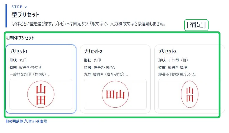 固定サンプル文字で並ぶ明朝体の型プリセット