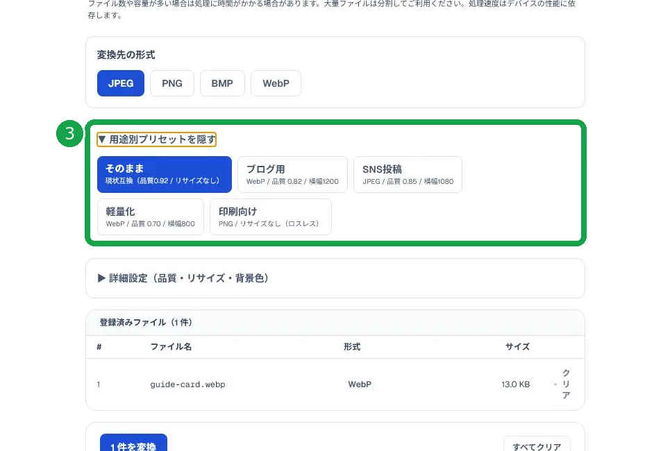 用途別プリセットを緑枠と番号3で示した画面