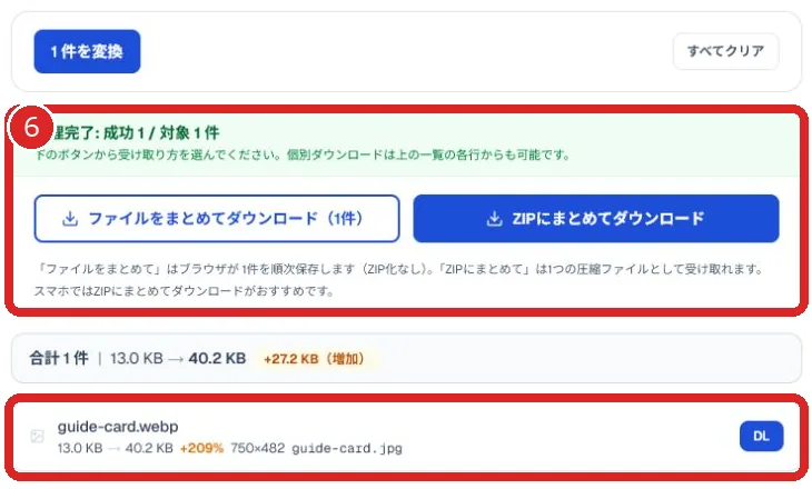 変換完了表示と一括・ZIP・個別ダウンロードを赤枠と番号6で示した画面