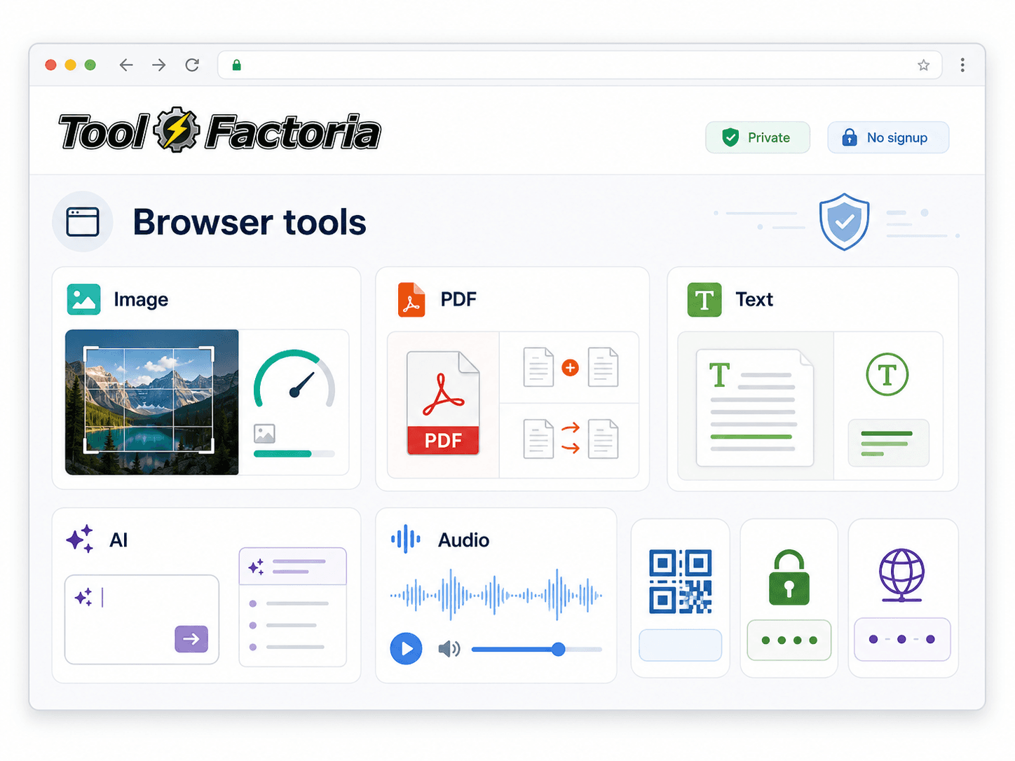 Tool Factoriaで画像、テキスト、AI画像、音声、QRコード、パスワード、IP確認などのブラウザツールを使えることを示した図解