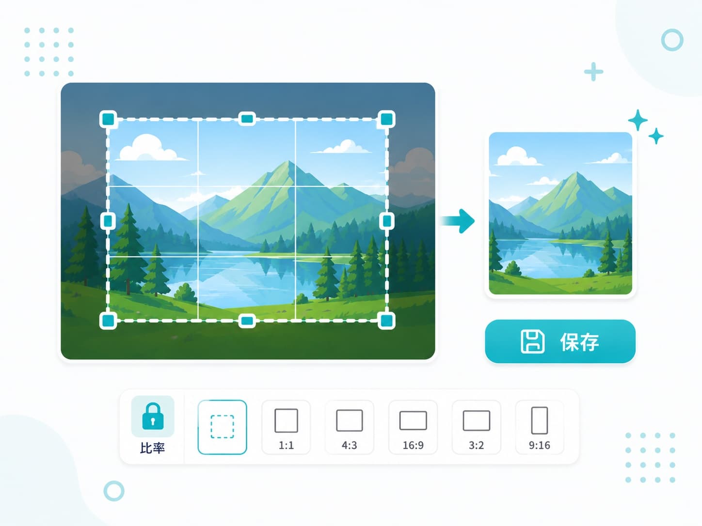 写真にトリミング枠を置き、指定範囲を切り抜いて保存する操作を示した図解