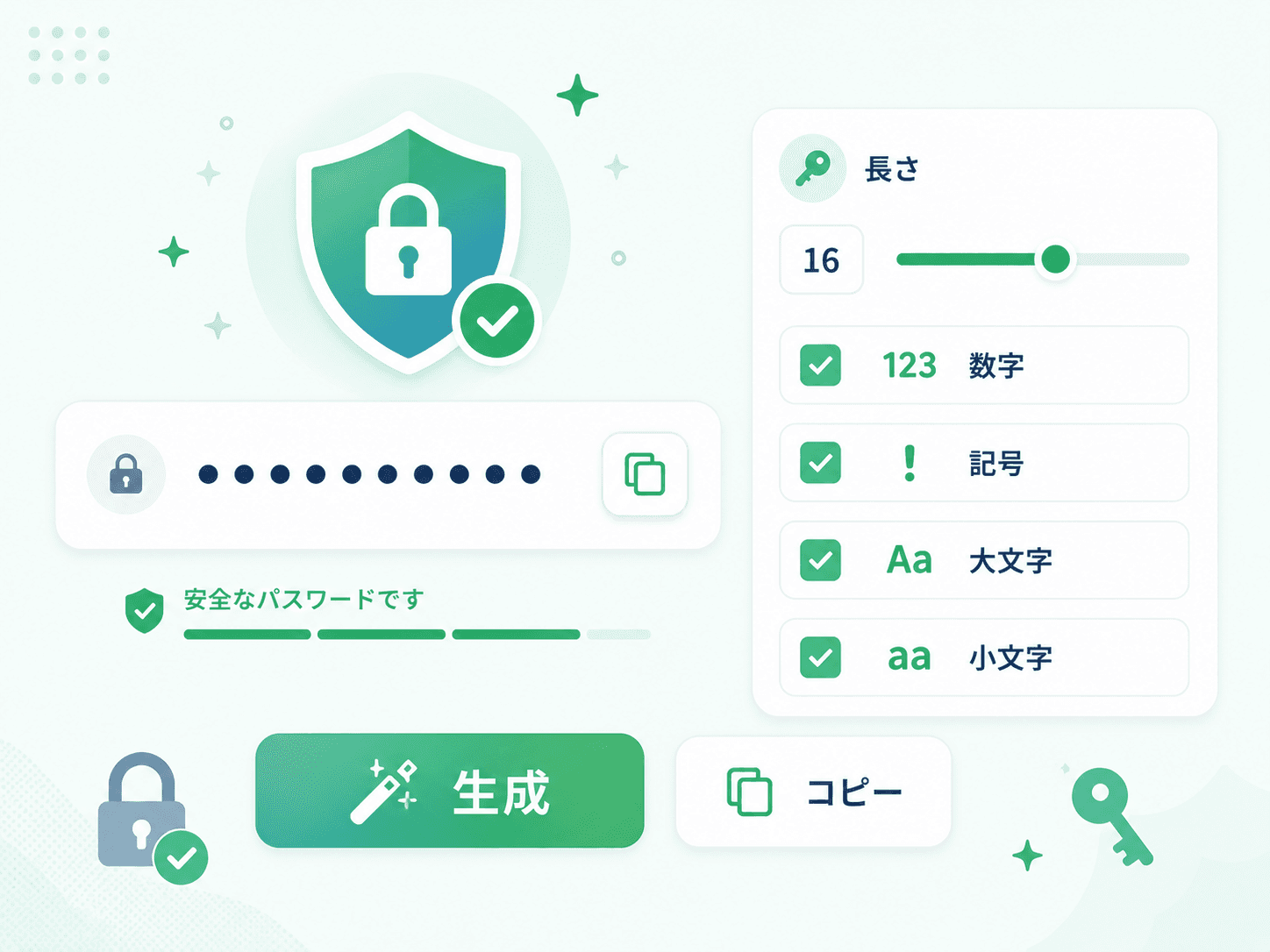 パスワード生成モードを選び、オプションを設定して安全なパスワードを生成する操作を示した図解