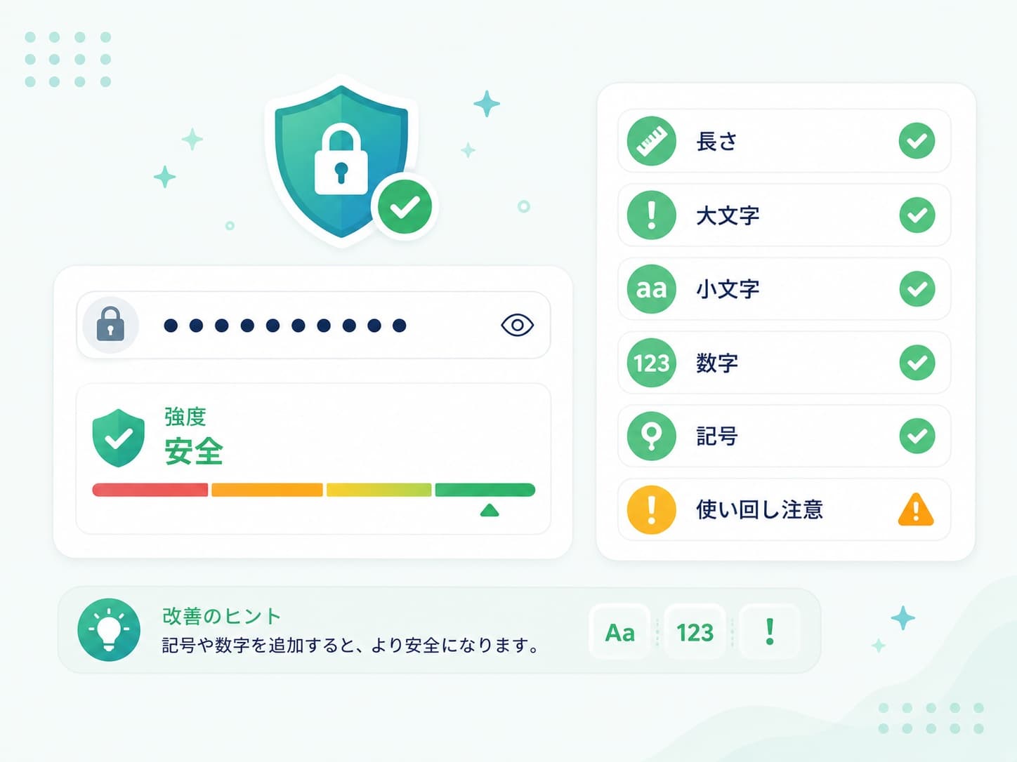 パスワードを入力すると強度メーターと解読時間・危険パターン・改善案が表示される操作を示した図解