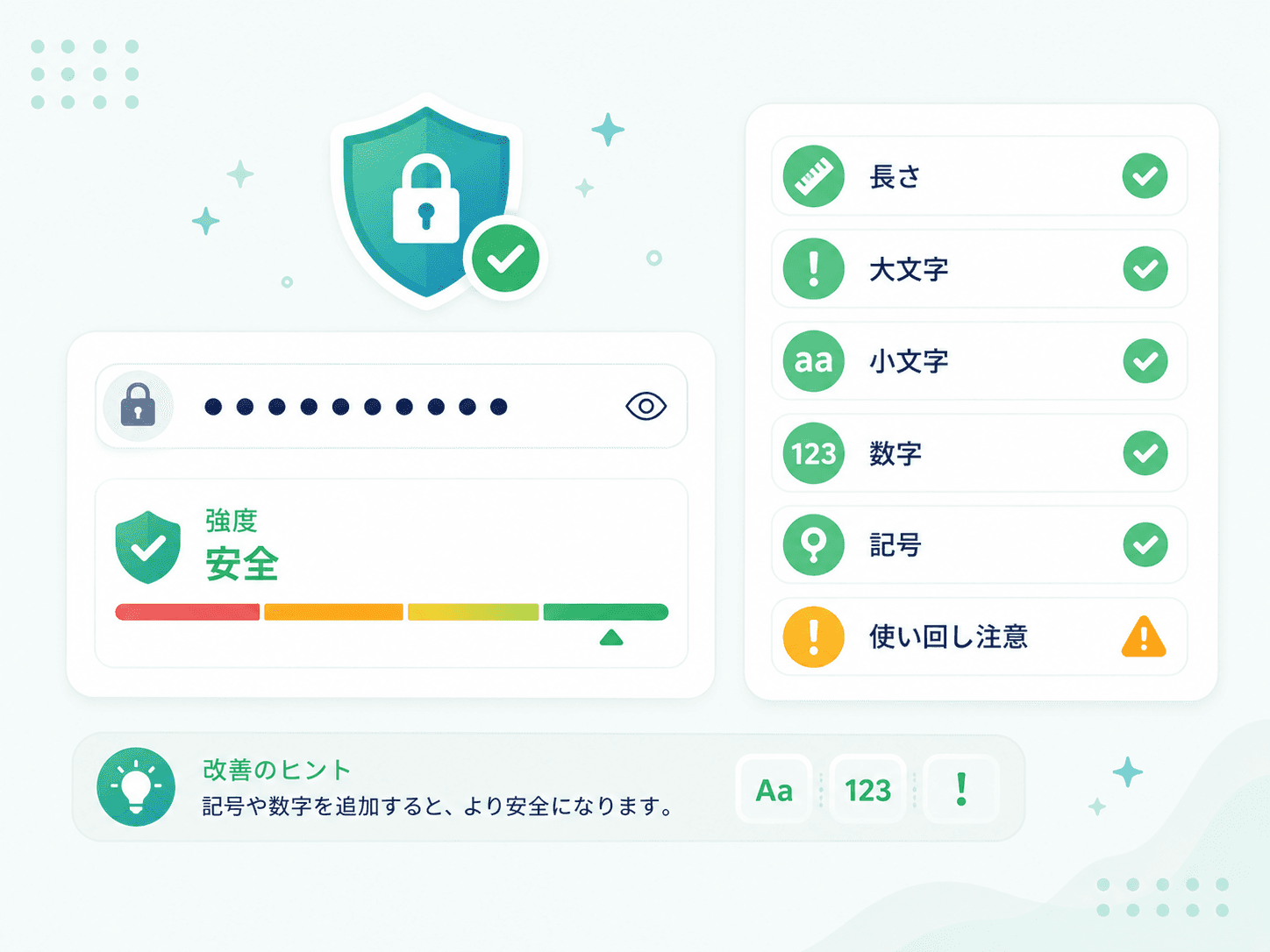 パスワードを入力すると強度メーターと解読時間・危険パターン・改善案が表示される操作を示した図解