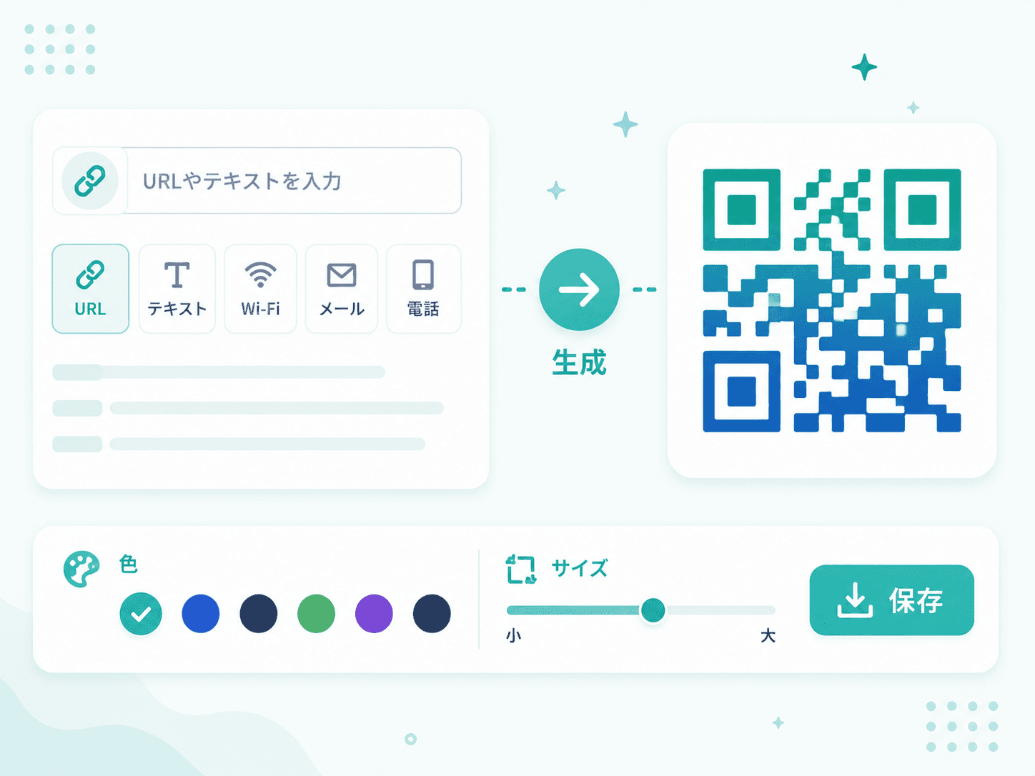 URLやWi-Fi情報などを入力し、QRコードを生成してPNGまたはSVGで保存する操作を示した図解