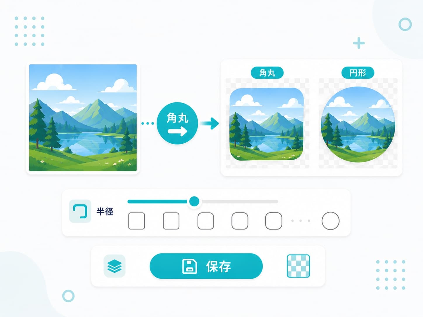 四角い画像を角丸や円形に加工し、半径を調整して保存する操作を示した図解