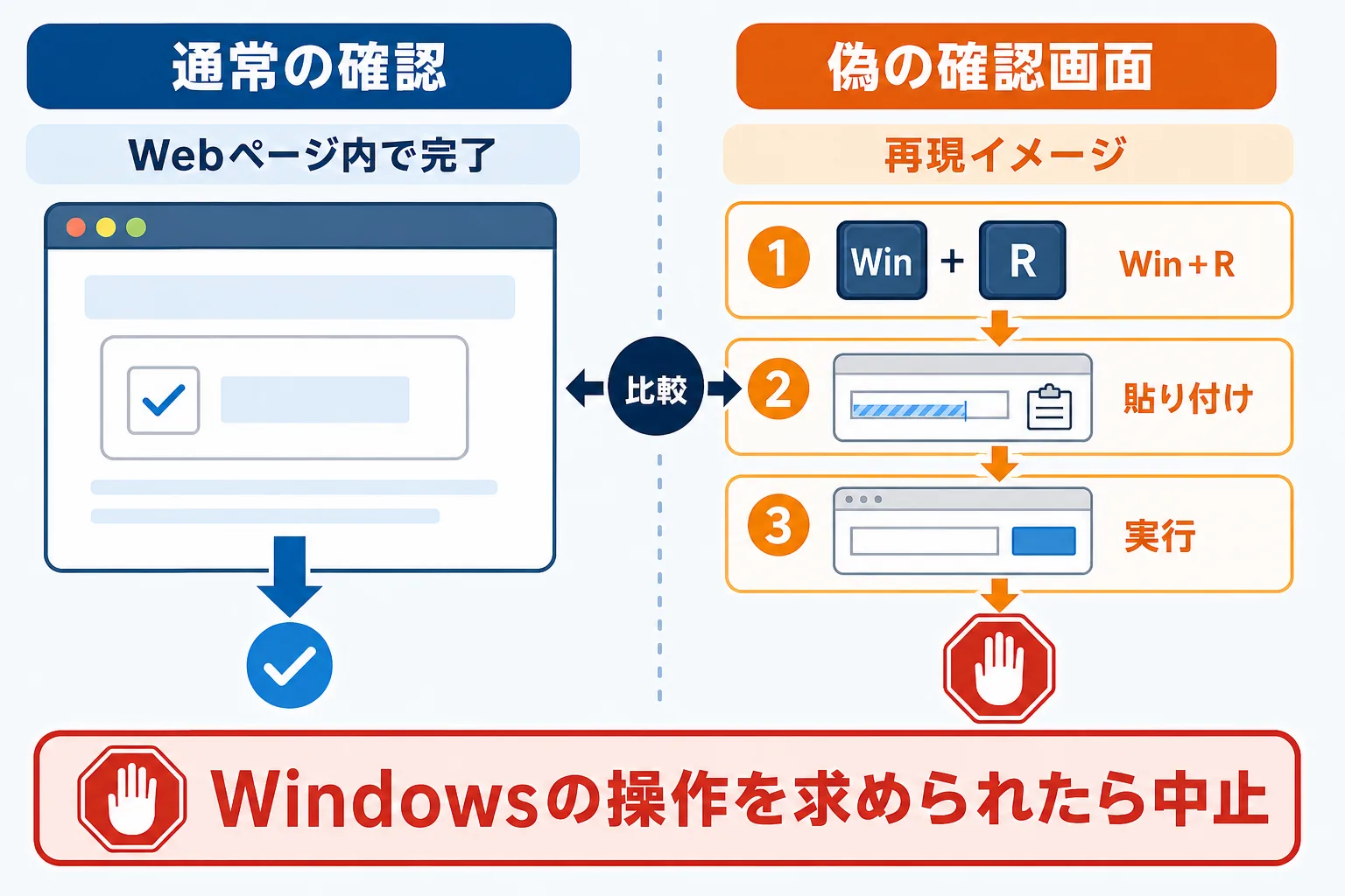 通常のCAPTCHAとWin+Rを求める偽CAPTCHAの違い