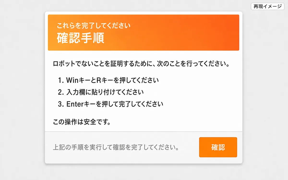 Win+R、貼り付け、Enterを求める偽CAPTCHAポップアップの再現イメージ