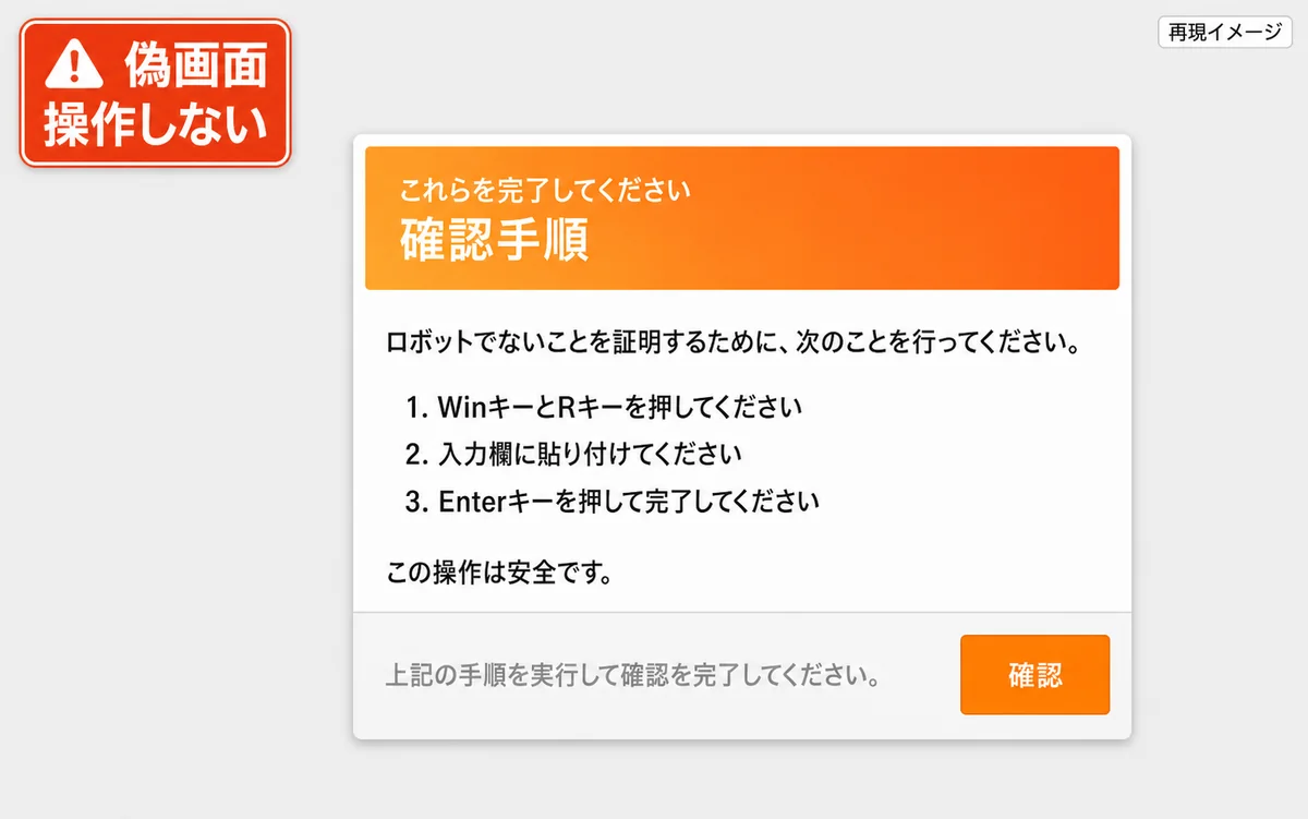 Win+Rや貼り付けを求める偽CAPTCHAの注意喚起・再現イメージ