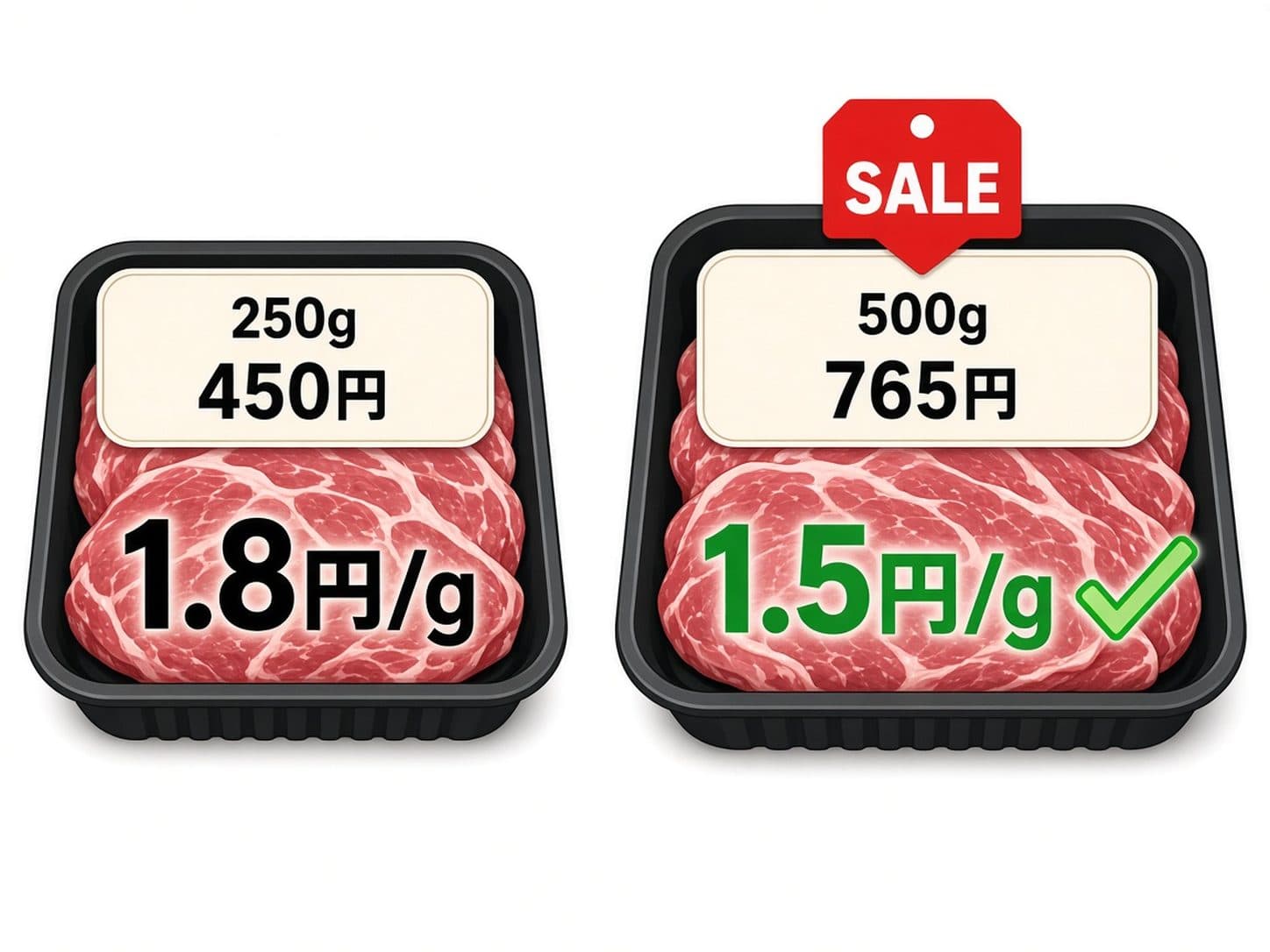 肉の250gパック(1.8円/g)と500gセールパック(1.5円/g)の単価比較