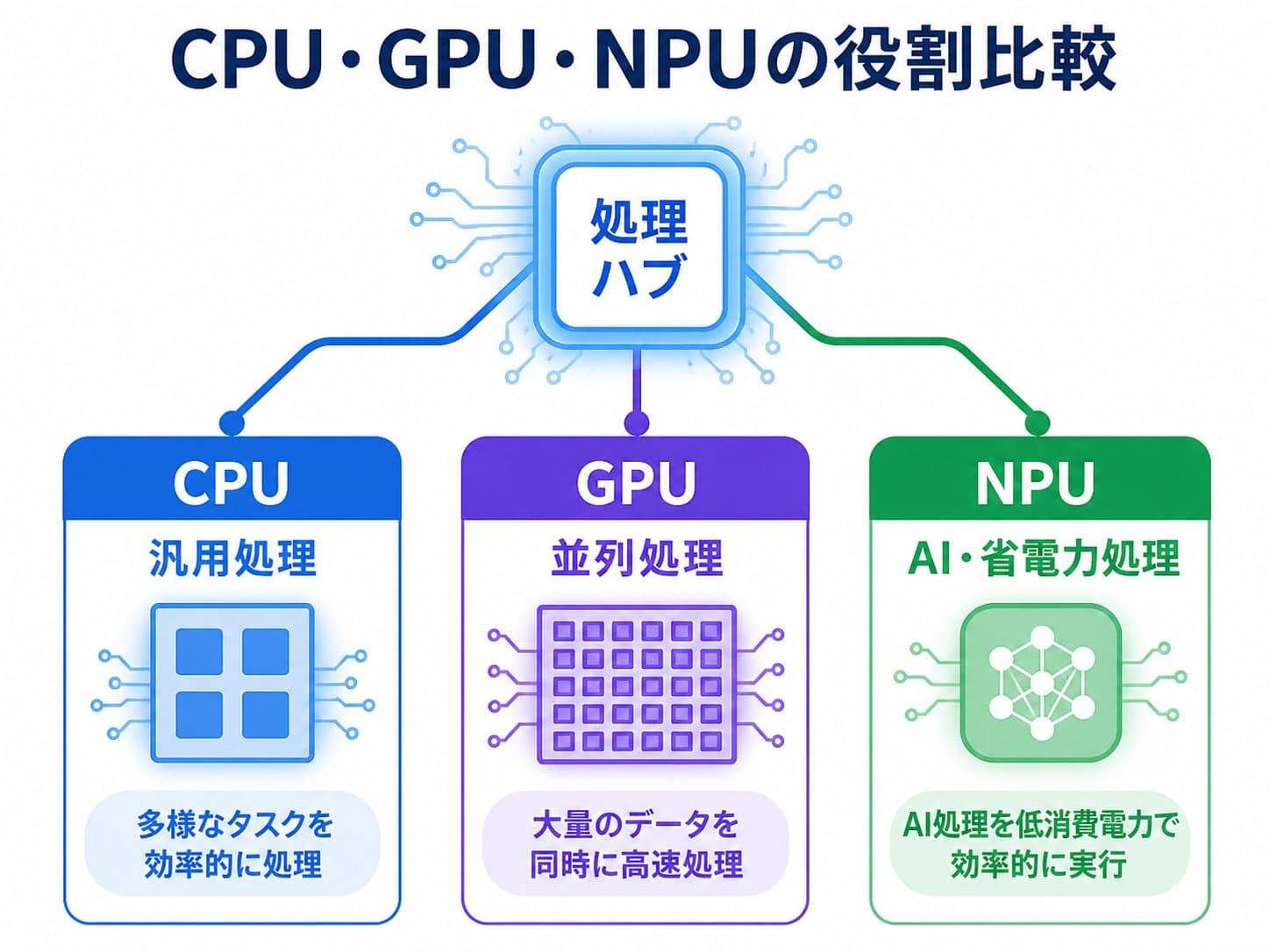 CPU・GPU・NPUの得意な処理を比較する図